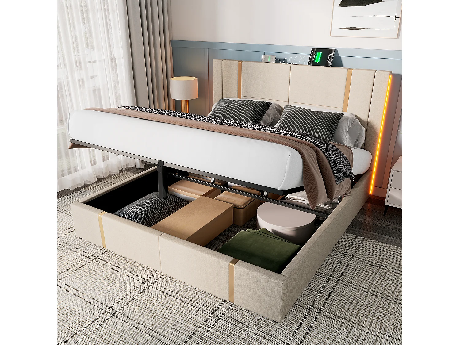 Lit double 160\200 cm, beige lin, avec rangement hydraulique, tête de lit USB Type-C et LED contrôlable par APP (avec matelas)