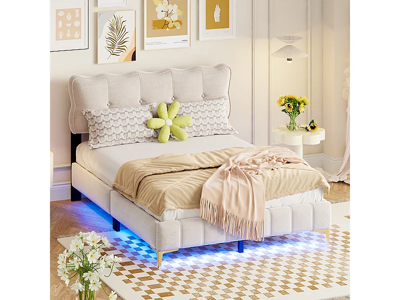 Letto imbottito a LED, comoda testiera, velluto beige, gambe alte in metallo (214x158x106,5cm)
