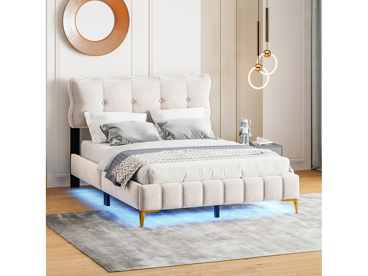 Cama tapizada LED, cabecero cómodo, terciopelo beige, patas altas de metal (214x158x106,5cm)