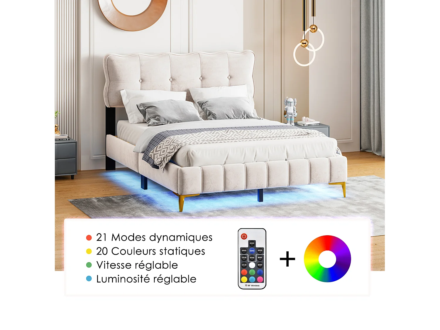 Cama tapizada LED, cabecero cómodo, terciopelo beige, patas altas de metal (214x158x106,5cm)