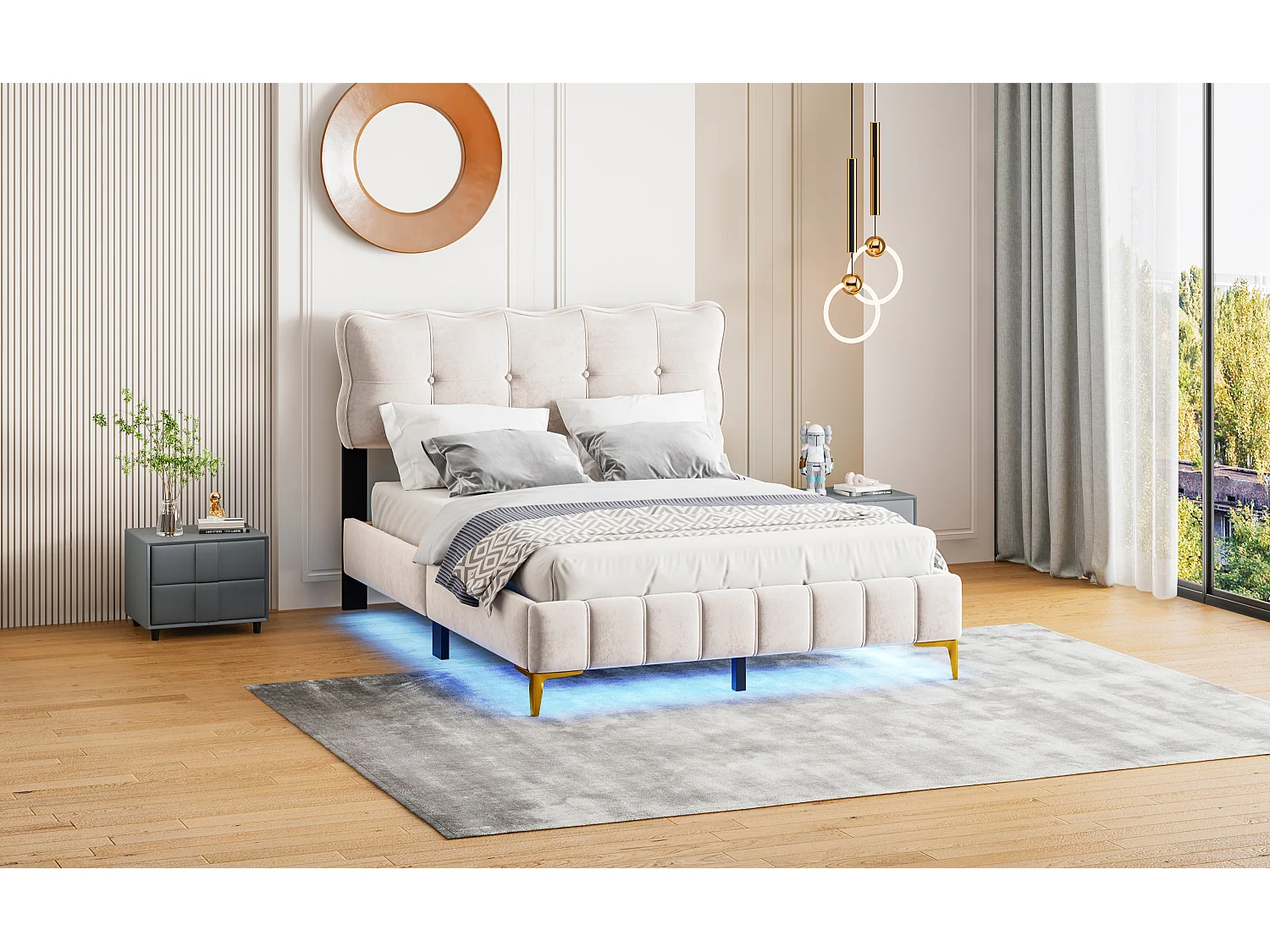 Cama tapizada LED, cabecero cómodo, terciopelo beige, patas altas de metal (214x158x106,5cm)