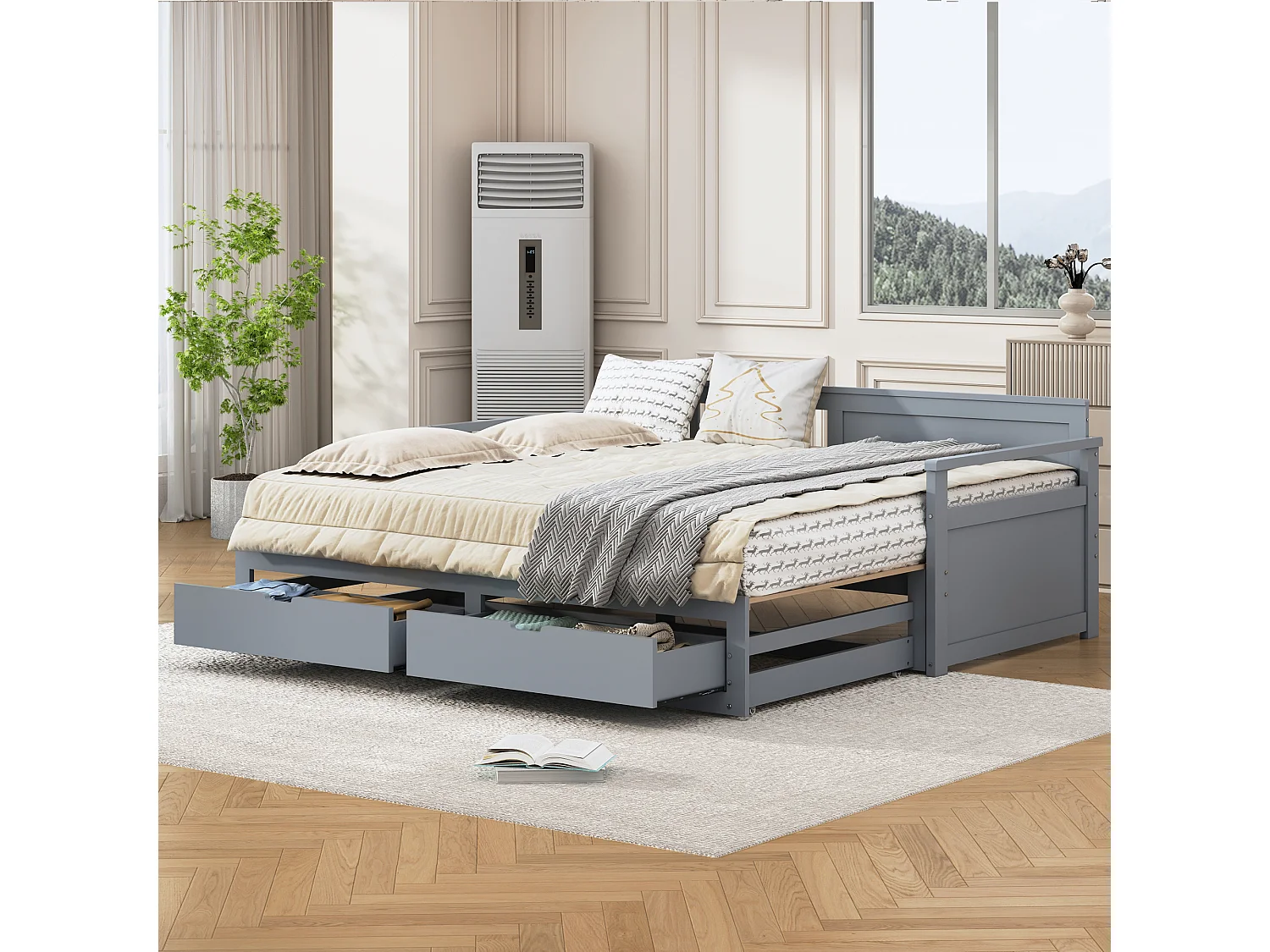 Cama multifuncional 90x190, Cama plegable 180x190, Diseño con cajones y estructura de pino, Gris (197,5x184,5x76 cm)