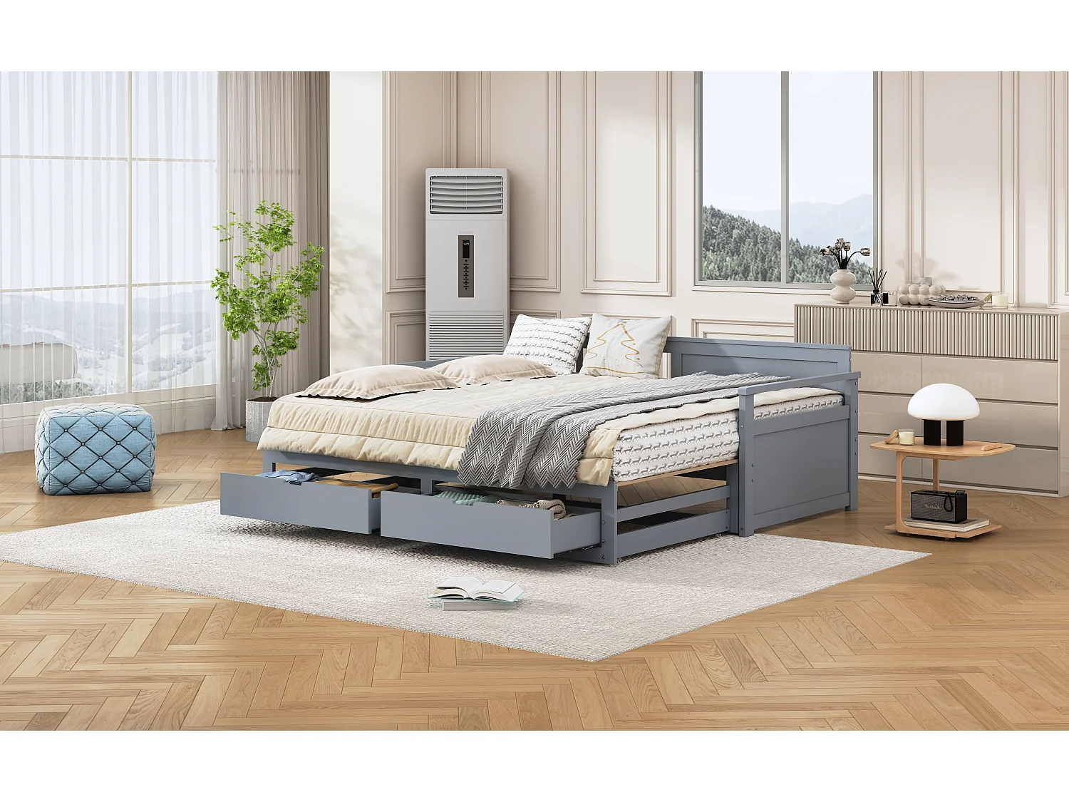 Cama multifuncional 90x190, Cama plegable 180x190, Diseño con cajones y estructura de pino, Gris (197,5x184,5x76 cm)