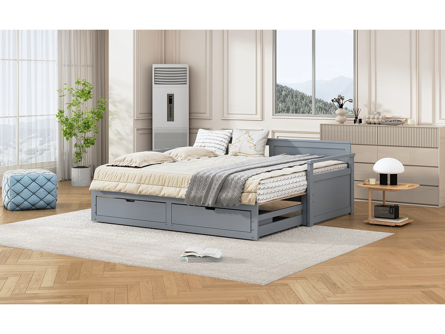 Cama multifuncional 90x190, Cama plegable 180x190, Diseño con cajones y estructura de pino, Gris (197,5x184,5x76 cm)