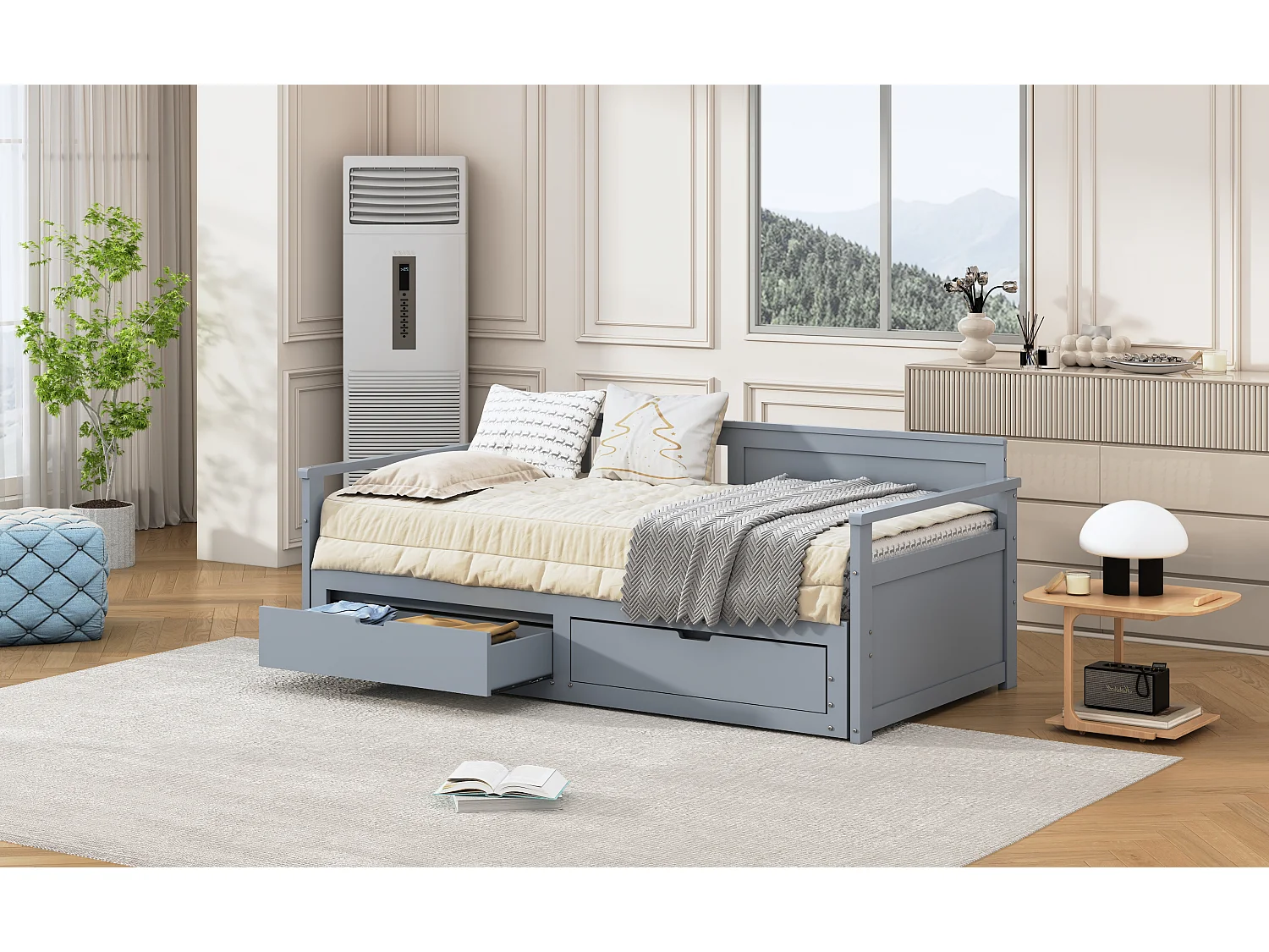 Cama multifuncional 90x190, Cama plegable 180x190, Diseño con cajones y estructura de pino, Gris (197,5x184,5x76 cm)