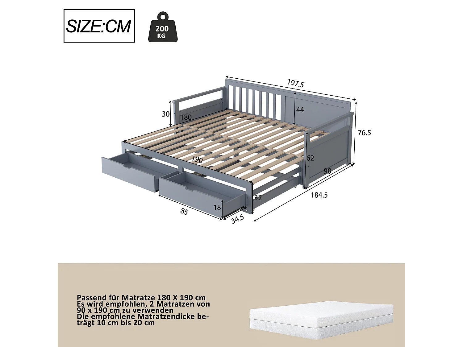 Cama multifuncional 90x190, Cama plegable 180x190, Diseño con cajones y estructura de pino, Gris (197,5x184,5x76 cm)