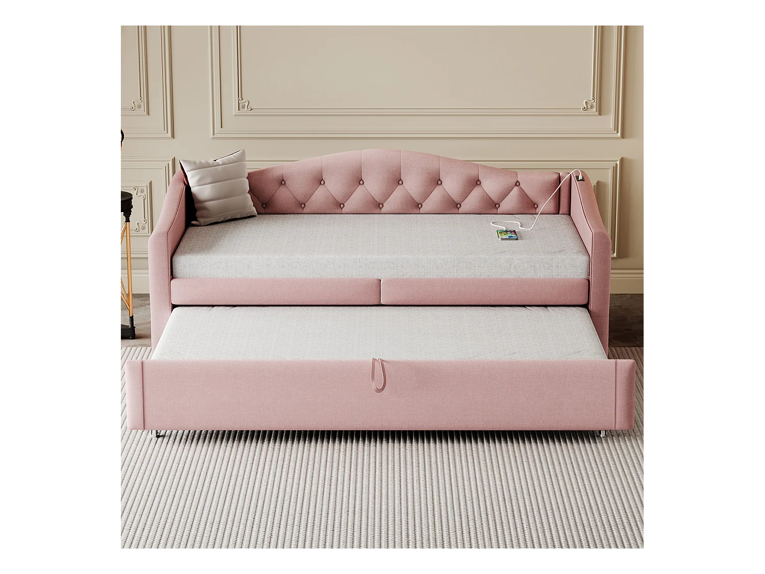 Lit tapissé convertible 90x200 cm avec port USB, design classique capitonné, tissu lin rose, sommier à lattes (sans matelas)