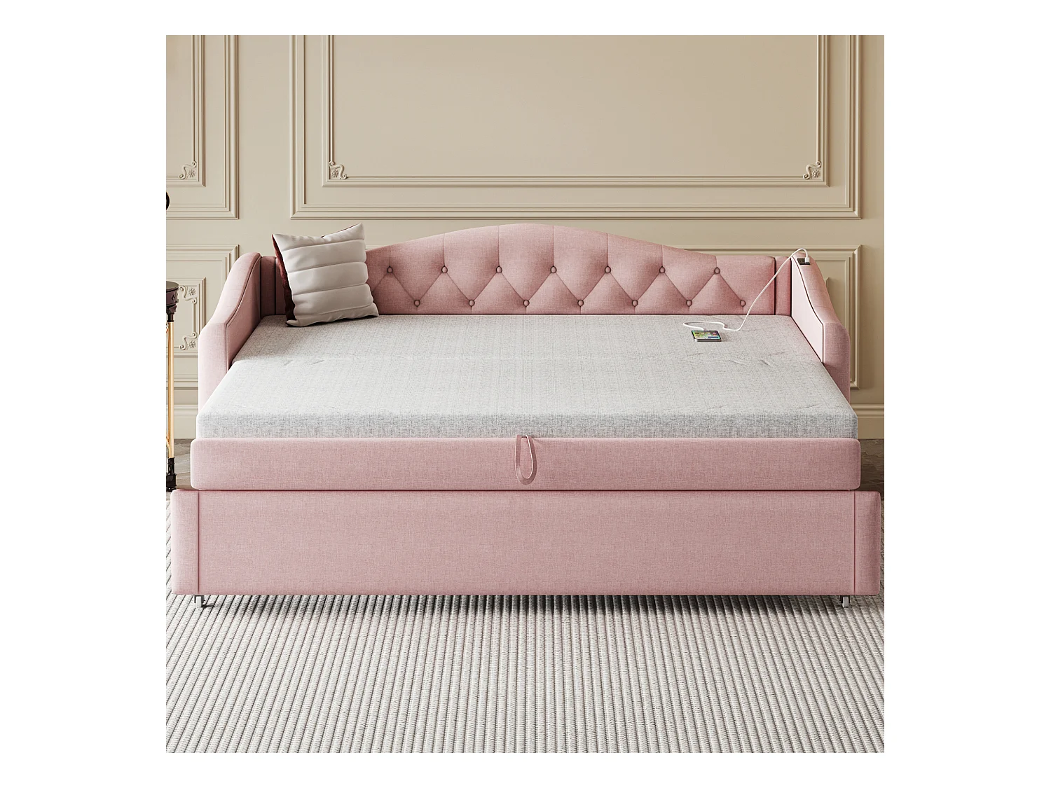 Lit tapissé convertible 90x200 cm avec port USB, design classique capitonné, tissu lin rose, sommier à lattes (sans matelas)