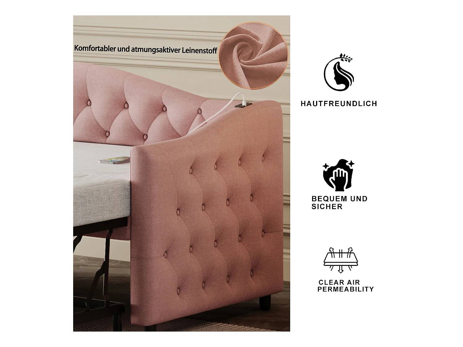 Lit tapissé convertible 90x200 cm avec port USB, design classique capitonné, tissu lin rose, sommier à lattes (sans matelas)