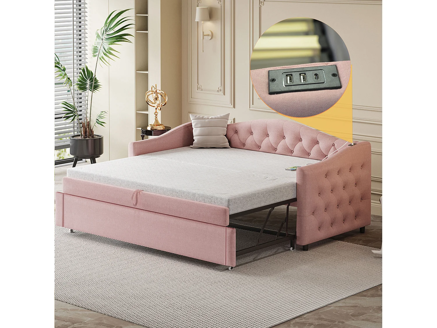 Lit tapissé convertible 90x200 cm avec port USB, design classique capitonné, tissu lin rose, sommier à lattes (sans matelas)