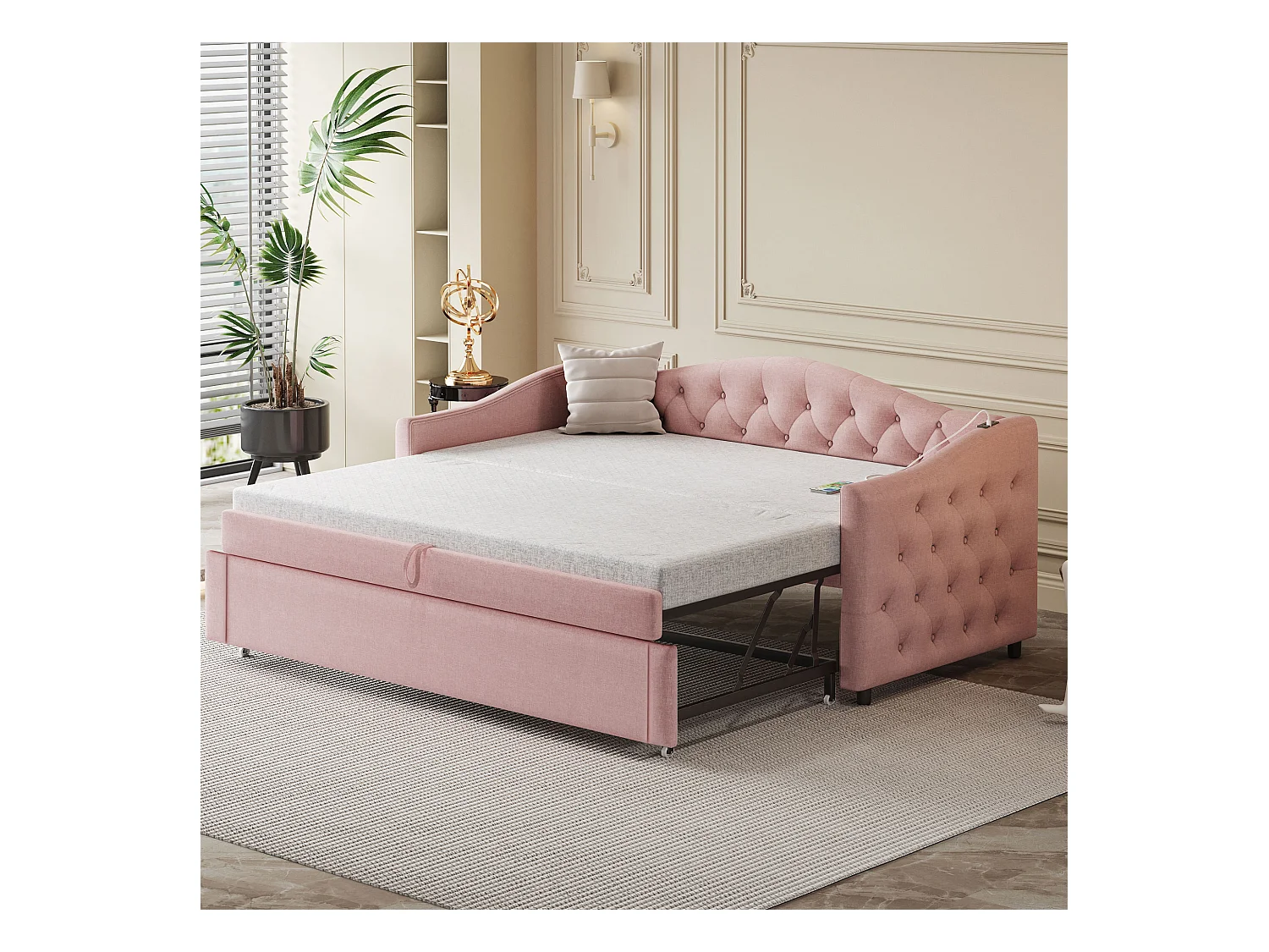 Letto trasformabile imbottito 90x200 cm con porta USB, design classico capitonné, tessuto di lino rosa, rete a doghe (senza materasso)