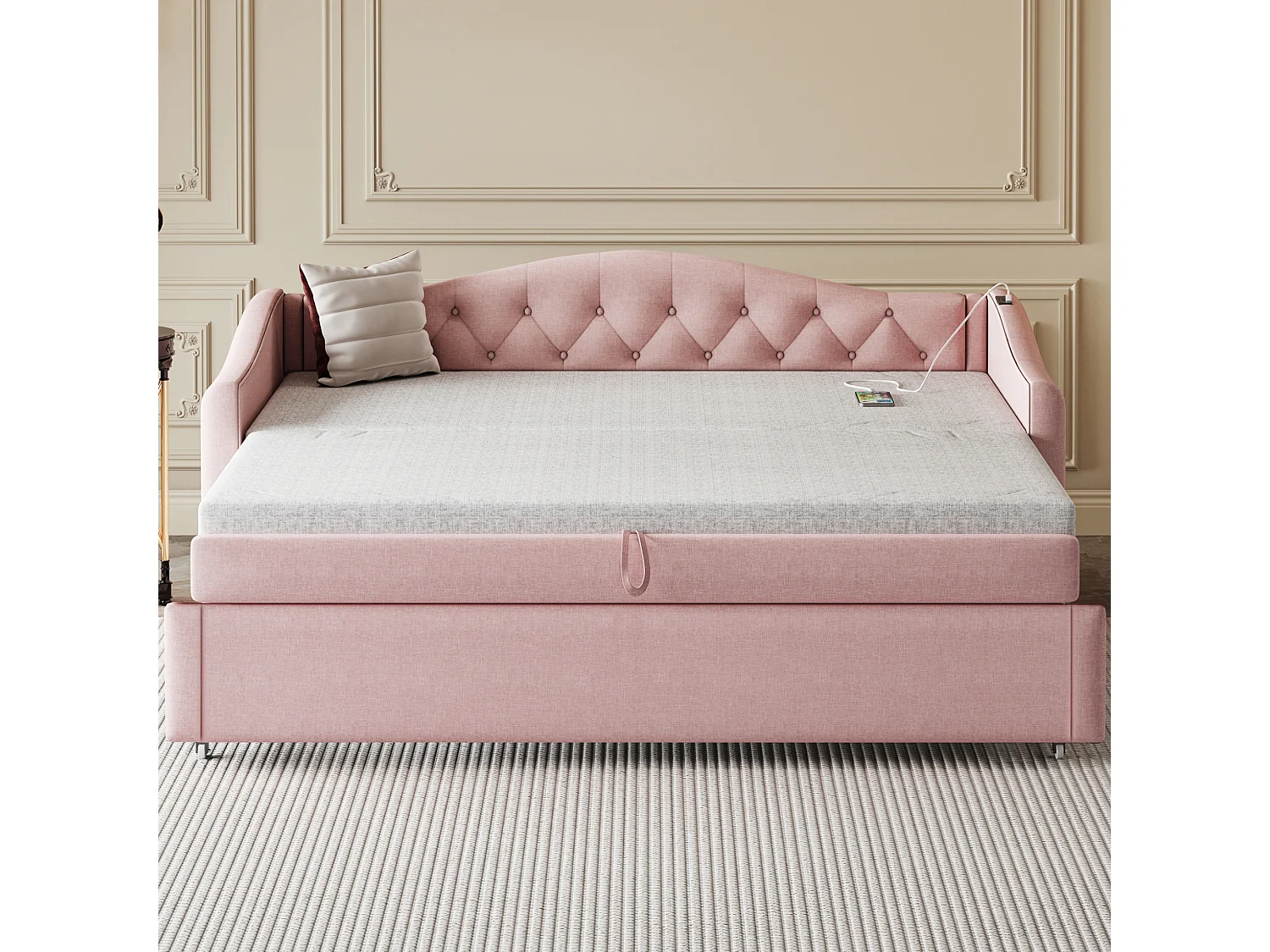 Letto trasformabile imbottito 90x200 cm con porta USB, design classico capitonné, tessuto di lino rosa, rete a doghe (senza materasso)
