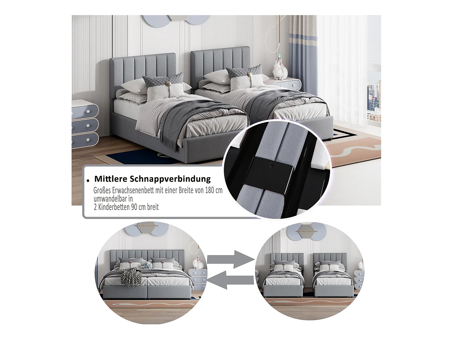 Lit coffre hydraulique multifonctionnel, lin, gris, cadre flottant rembourré (203x180x105cm)