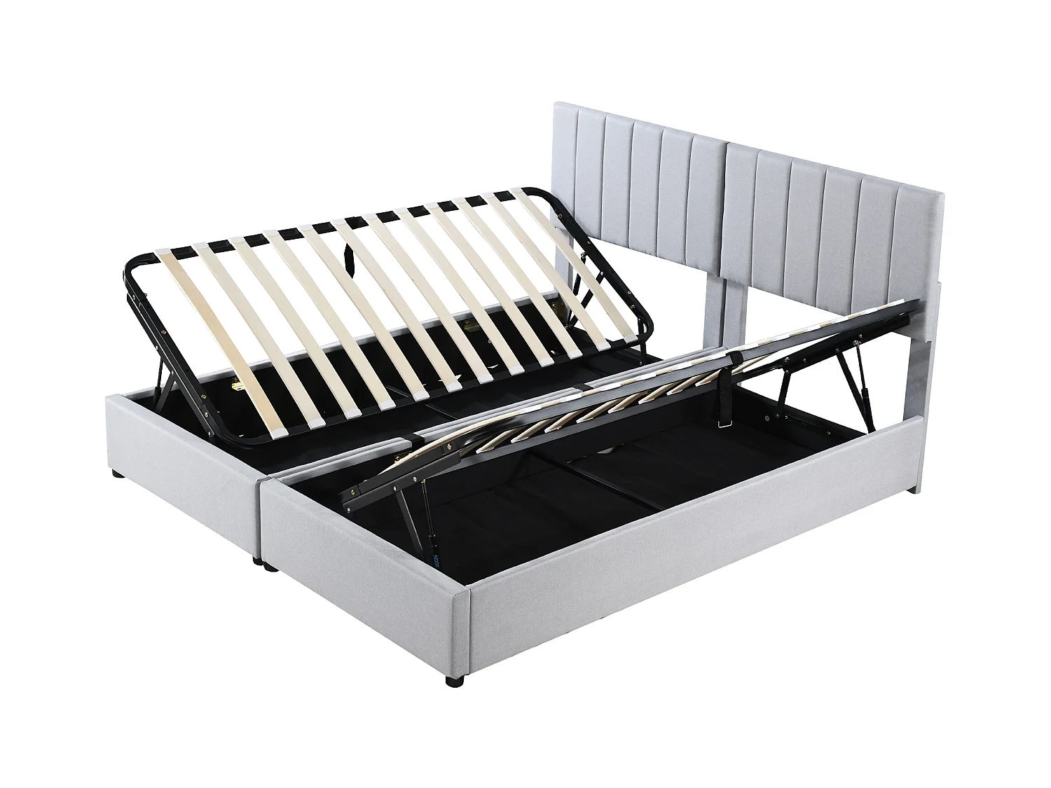 Lit coffre hydraulique multifonctionnel, lin, gris, cadre flottant rembourré (203x180x105cm)