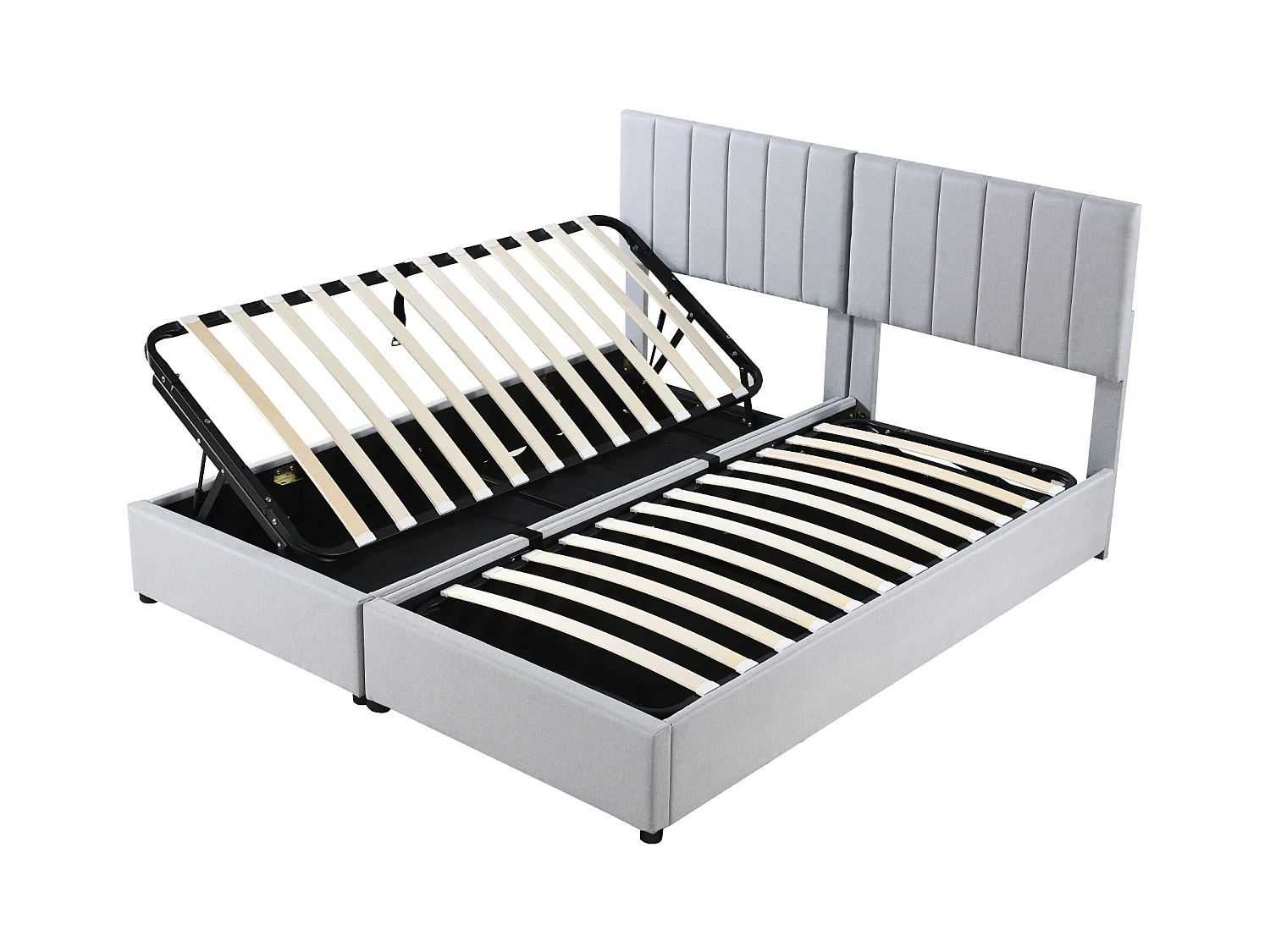 Lit coffre hydraulique multifonctionnel, lin, gris, cadre flottant rembourré (203x180x105cm)