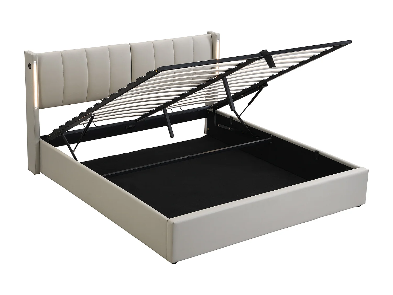 Lit rembourré LED avec sommier hydraulique, éclairage LED, USB, rangement, tête de lit réglable, velours gris (140x190 cm)