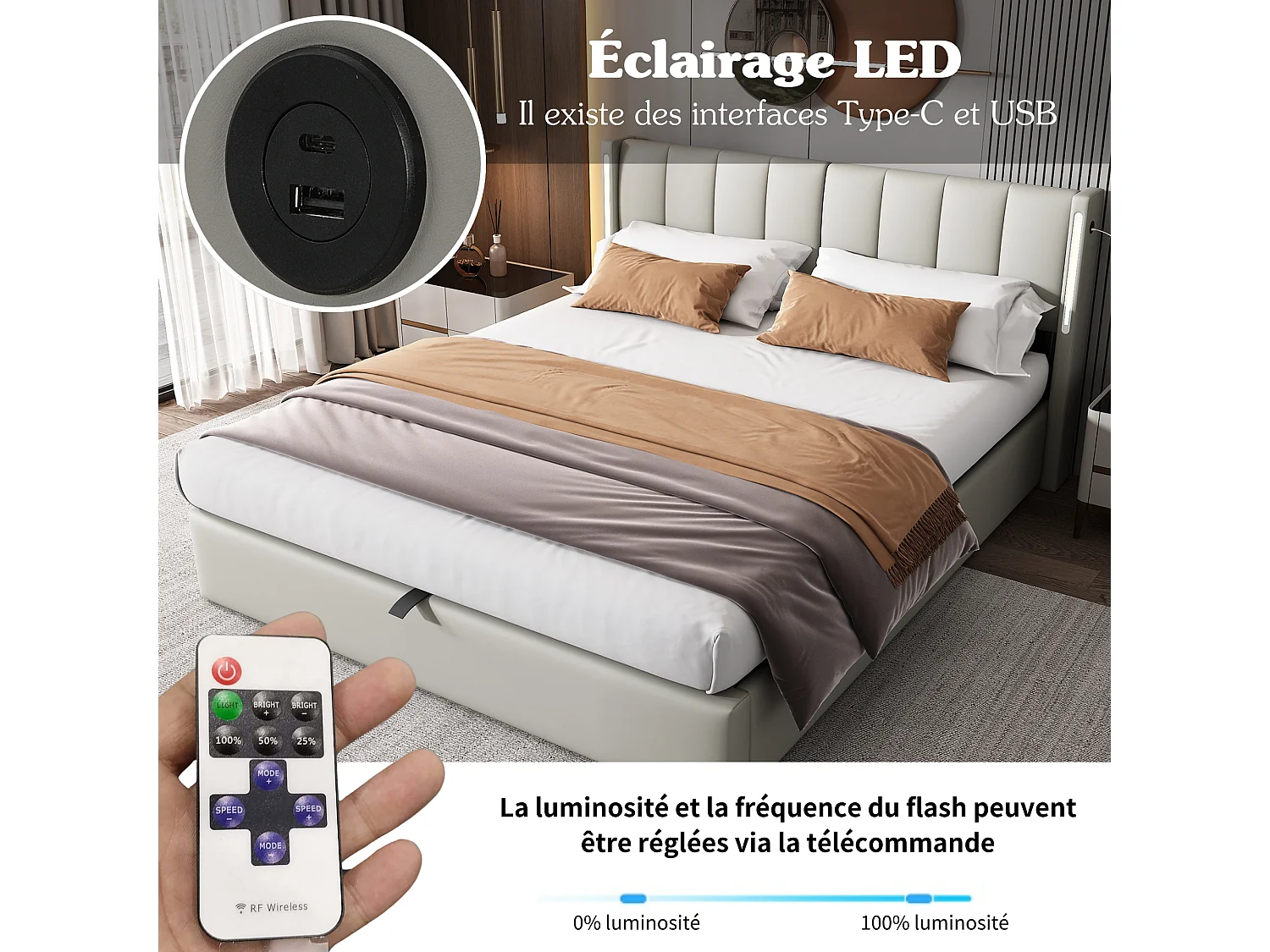 Lit rembourré LED avec sommier hydraulique, éclairage LED, USB, rangement, tête de lit réglable, velours gris (140x190 cm)