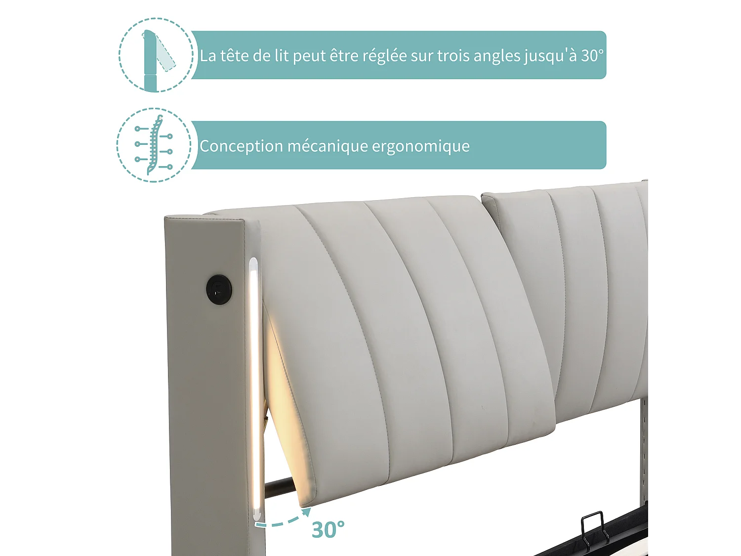 Gestoffeerd LED-bed met hydraulische basis, LED-verlichting, USB, opbergruimte, verstelbaar hoofdeinde, grijs fluweel (140x190 cm)
