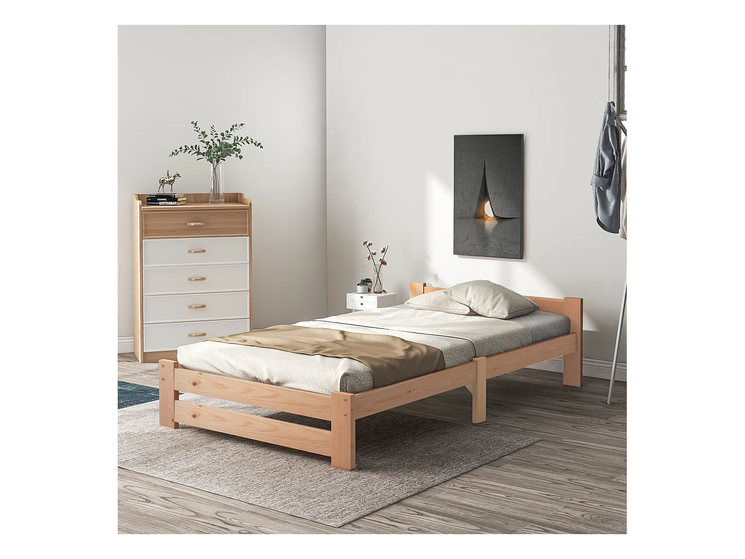 Lit Futon en bois massif avec tête de lit, naturel (200x90 cm)