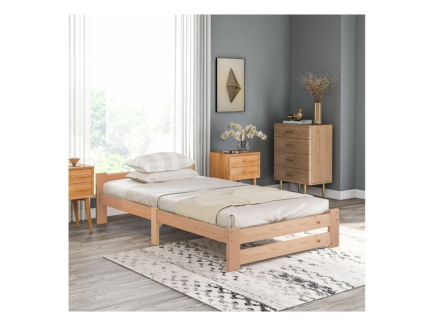 Lit Futon en bois massif avec tête de lit, naturel (200x90 cm)