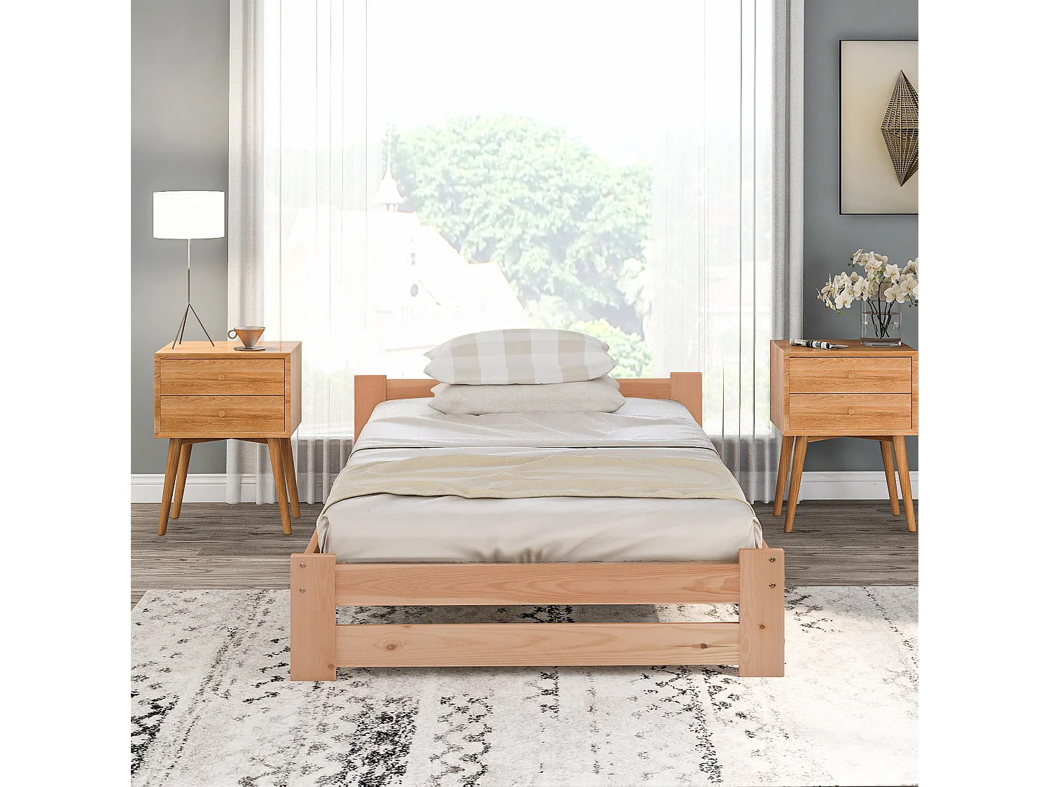 Lit Futon en bois massif avec tête de lit, naturel (200x90 cm)