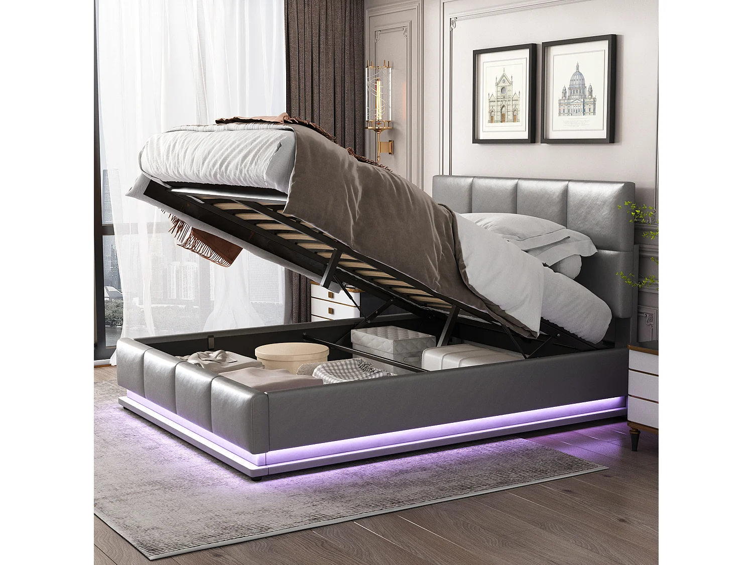 Tweepersoonsbed 140x200cm, hydraulische opberging, verstelbaar hoofdeinde, metalen onderstel, grijs imitatieleer (203x145x114cm)