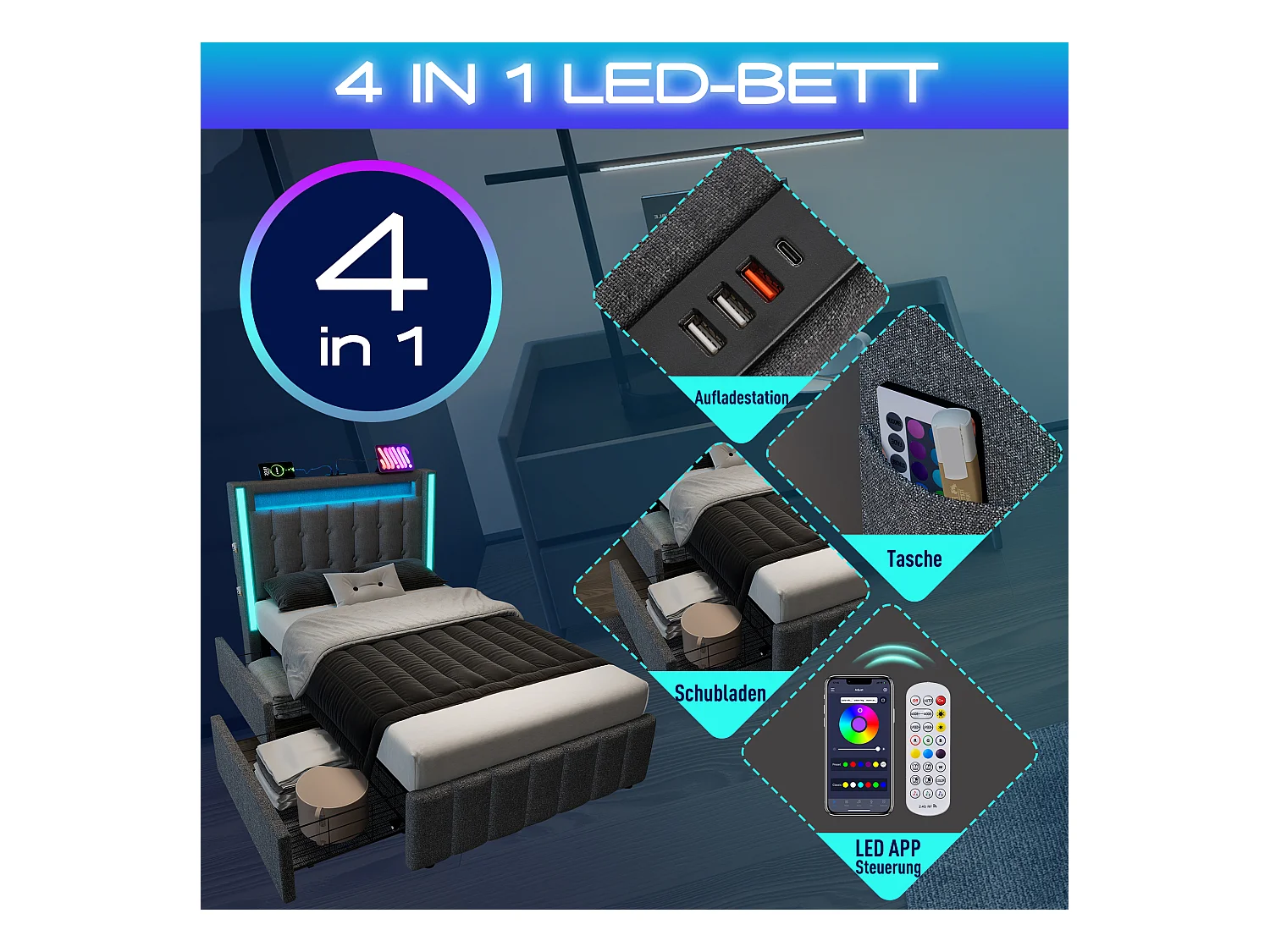 Lit simple 90x200 cm avec LED, 2 tiroirs, USB Type C et tête de lit réglable, lin gris (209x99x104 cm)