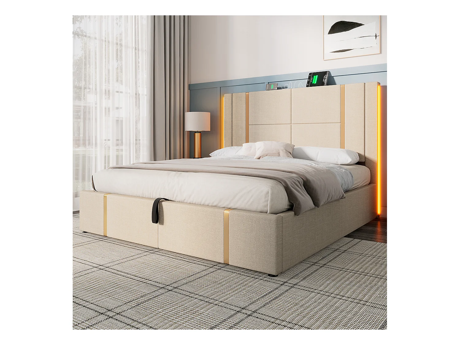 Letto matrimoniale 140\200 cm, beige lino, con contenitore idraulico, testiera USB Type-C e LED controllabile tramite APP (con materasso)