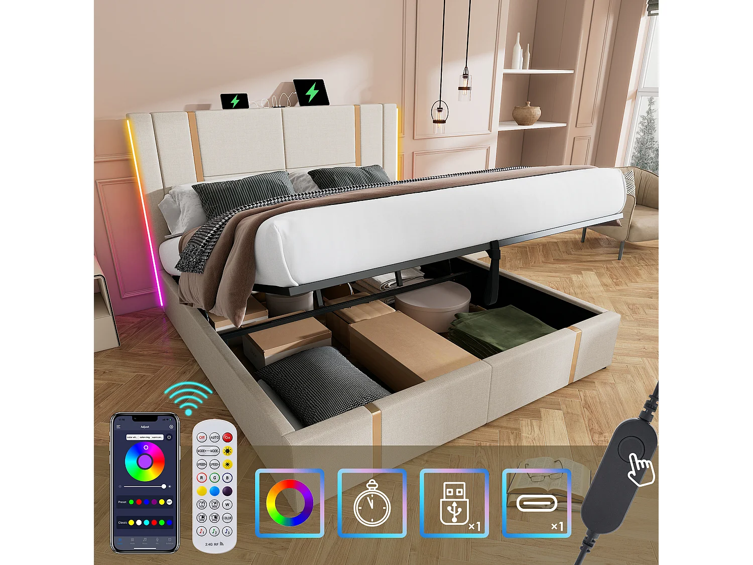 Cama doble 140\200 cm, lino beige, con almacenaje hidráulico, cabecero USB Tipo-C y LED controlado por APP (con colchón)