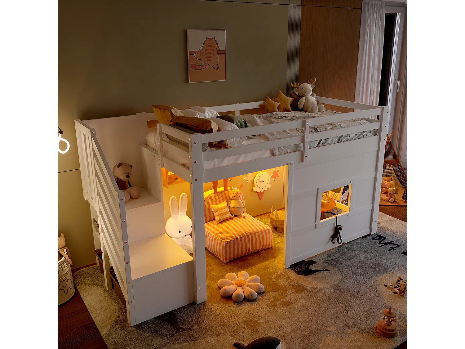 Mezzaninebed 90x200 cm met opbergruimte, hout, wit (254x95x127 cm)