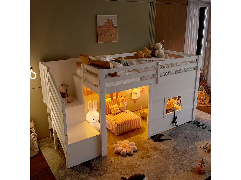 Mezzaninebed 90x200 cm met opbergruimte, hout, wit (254x95x127 cm)