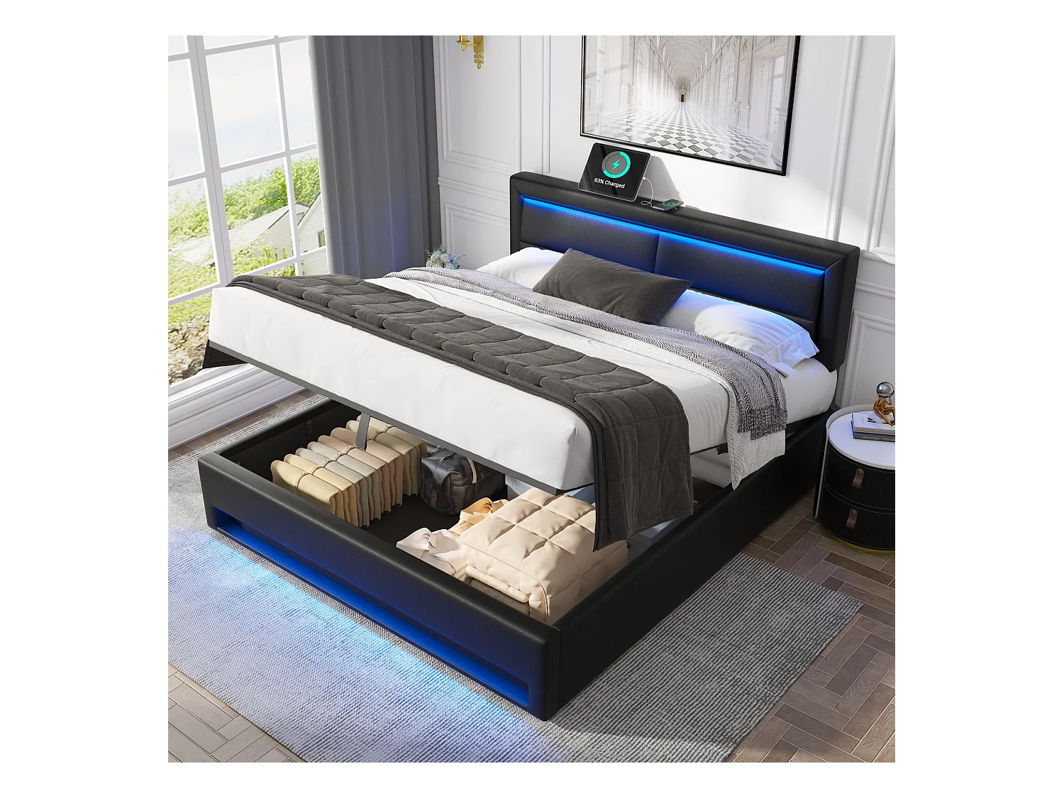 Lit tapissier 160 x 200 cm, avec port USB, LED, espace de rangement, PU, noir (204x98.5x110 cm)