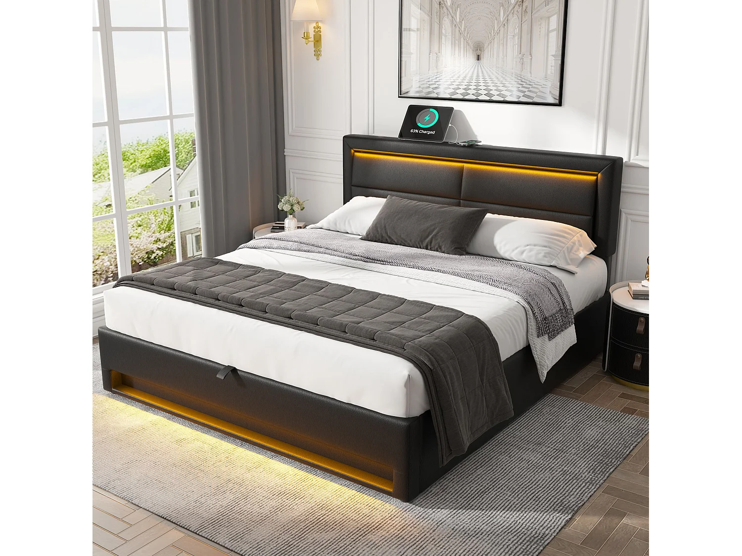 Letto imbottito 160 x 200 cm, con porta USB, LED, vano contenitore, PU, nero (204 x 98,5 x 110 cm)