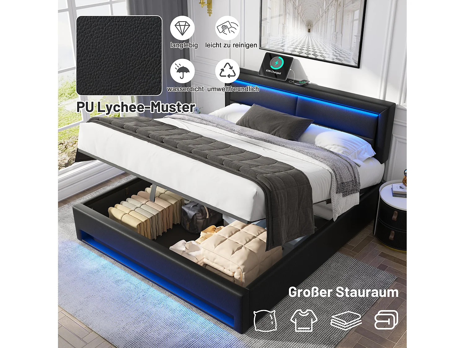 Letto imbottito 160 x 200 cm, con porta USB, LED, vano contenitore, PU, nero (204 x 98,5 x 110 cm)
