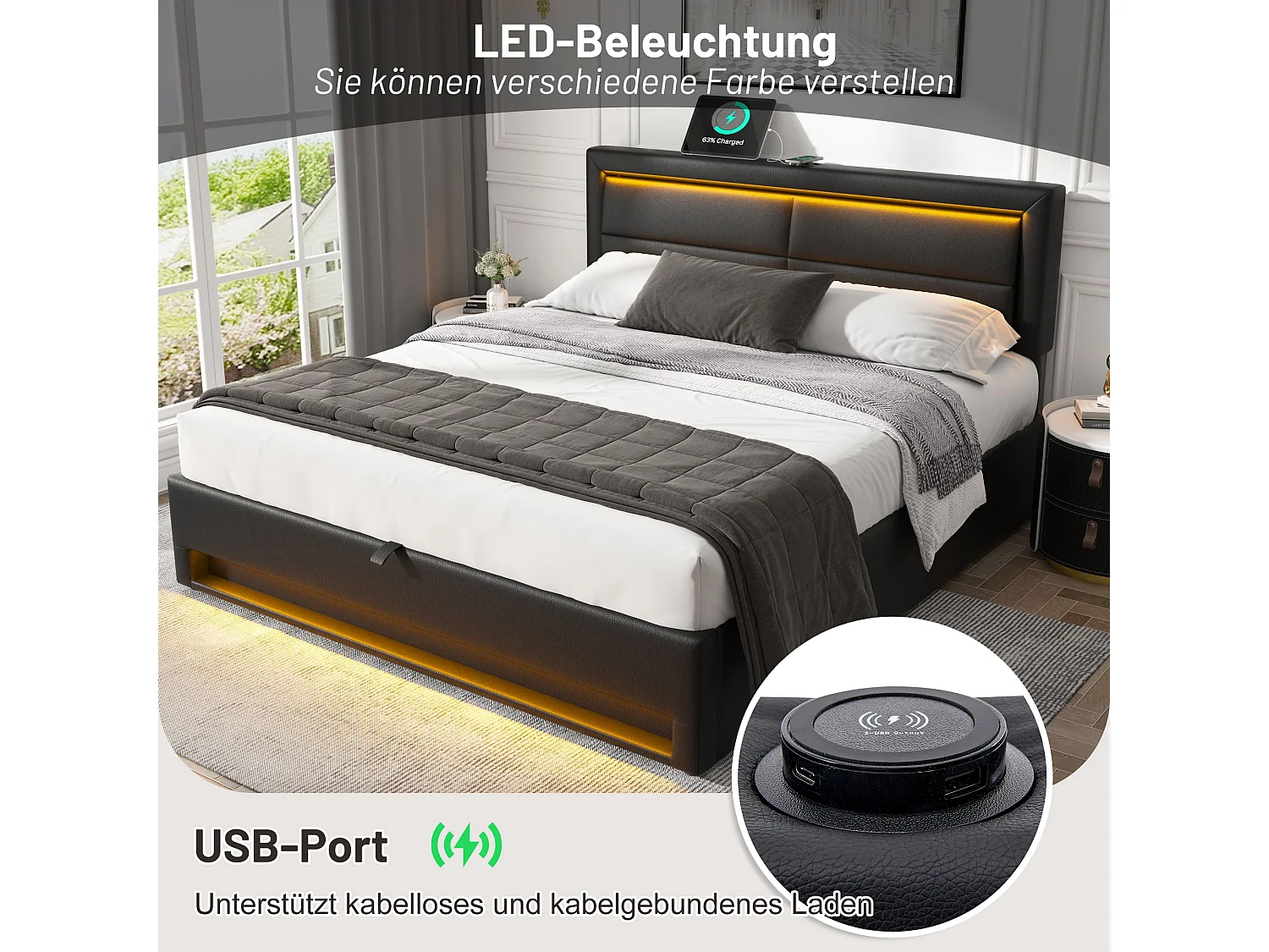 Letto imbottito 160 x 200 cm, con porta USB, LED, vano contenitore, PU, nero (204 x 98,5 x 110 cm)