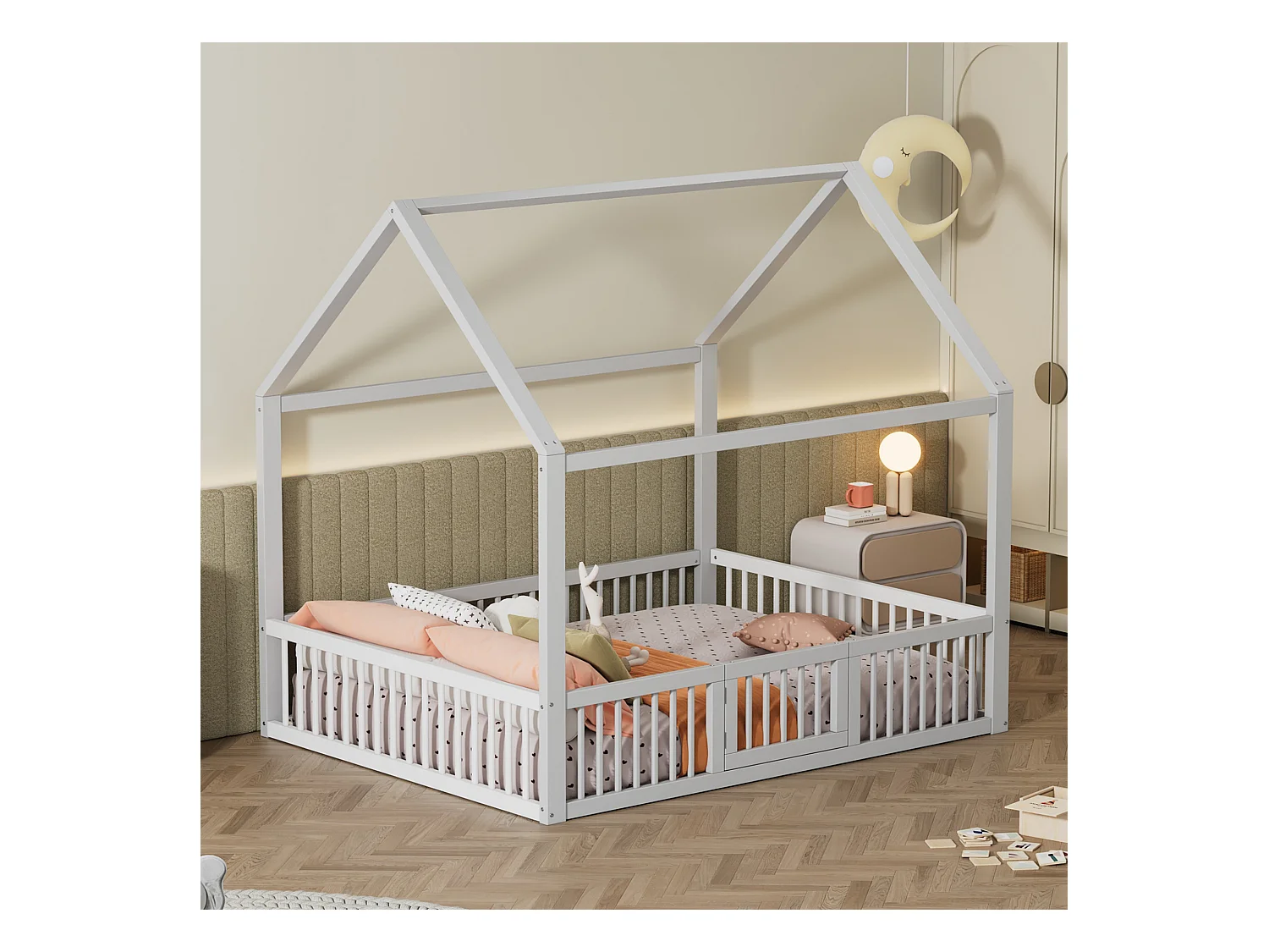 Letto a soppalco 140x200 cm, letto a soppalco con sponda di sicurezza, design in legno massello, bianco (204,5x145x191,5 cm)