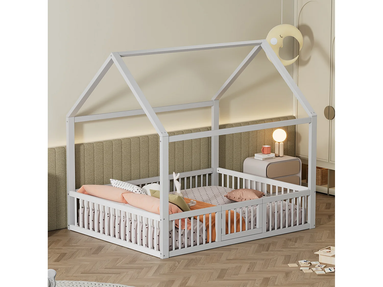 Lit Maison 140x200cm, Lit à Toit avec Barrière de Sécurité, Design en Bois Massif, Blanc (204.5x145x191.5 cm)