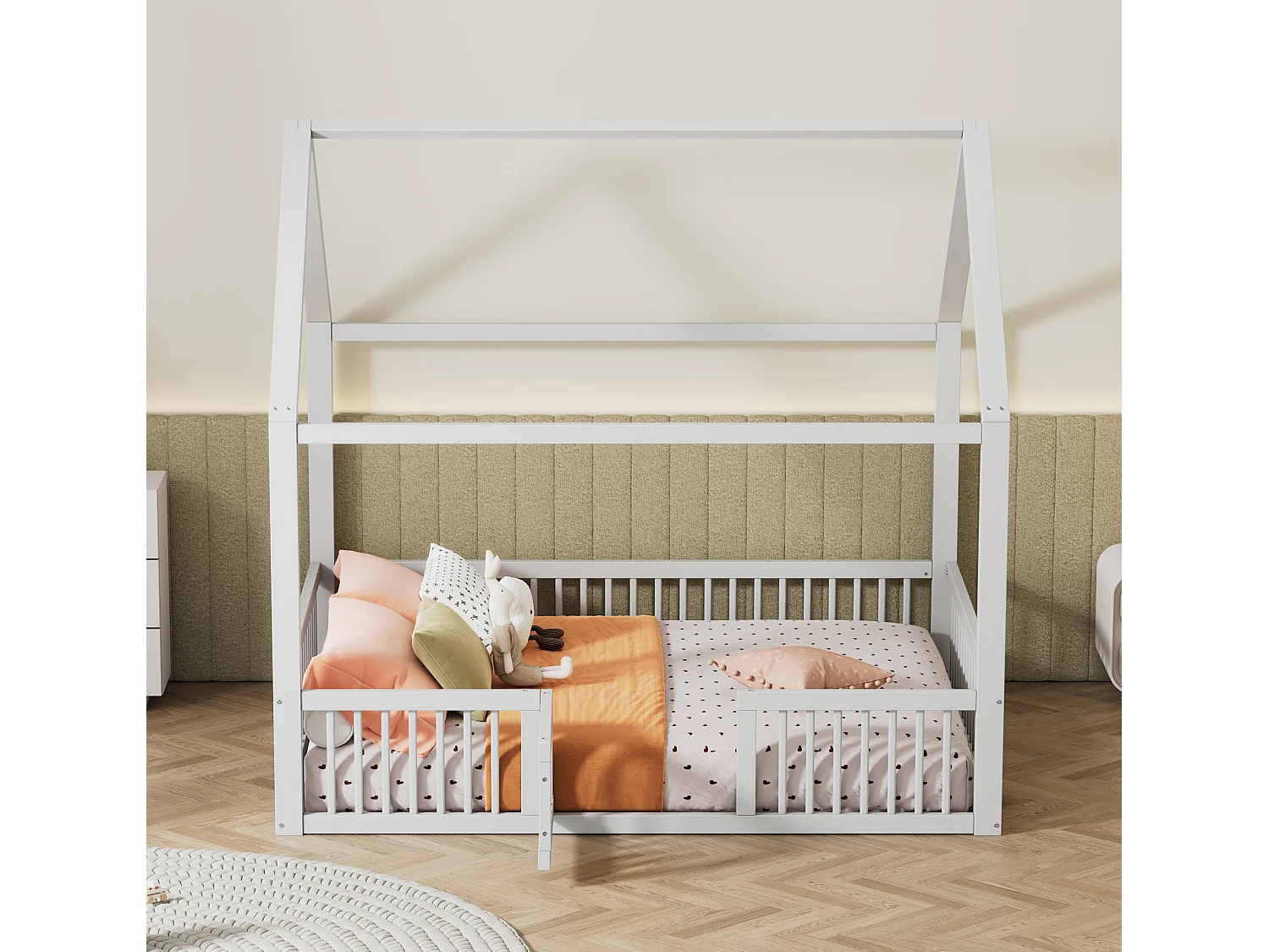 Lit Maison 140x200cm, Lit à Toit avec Barrière de Sécurité, Design en Bois Massif, Blanc (204.5x145x191.5 cm)