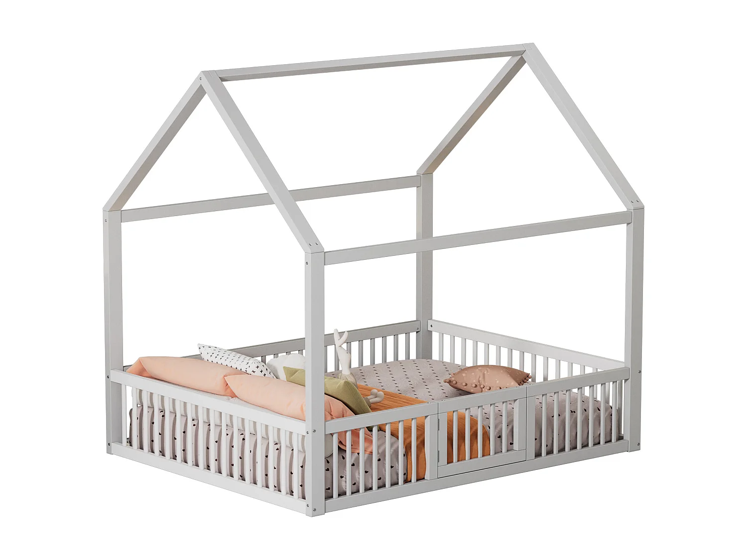 Lit Maison 140x200cm, Lit à Toit avec Barrière de Sécurité, Design en Bois Massif, Blanc (204.5x145x191.5 cm)