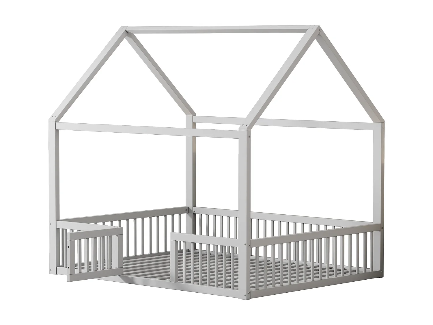 Lit Maison 140x200cm, Lit à Toit avec Barrière de Sécurité, Design en Bois Massif, Blanc (204.5x145x191.5 cm)