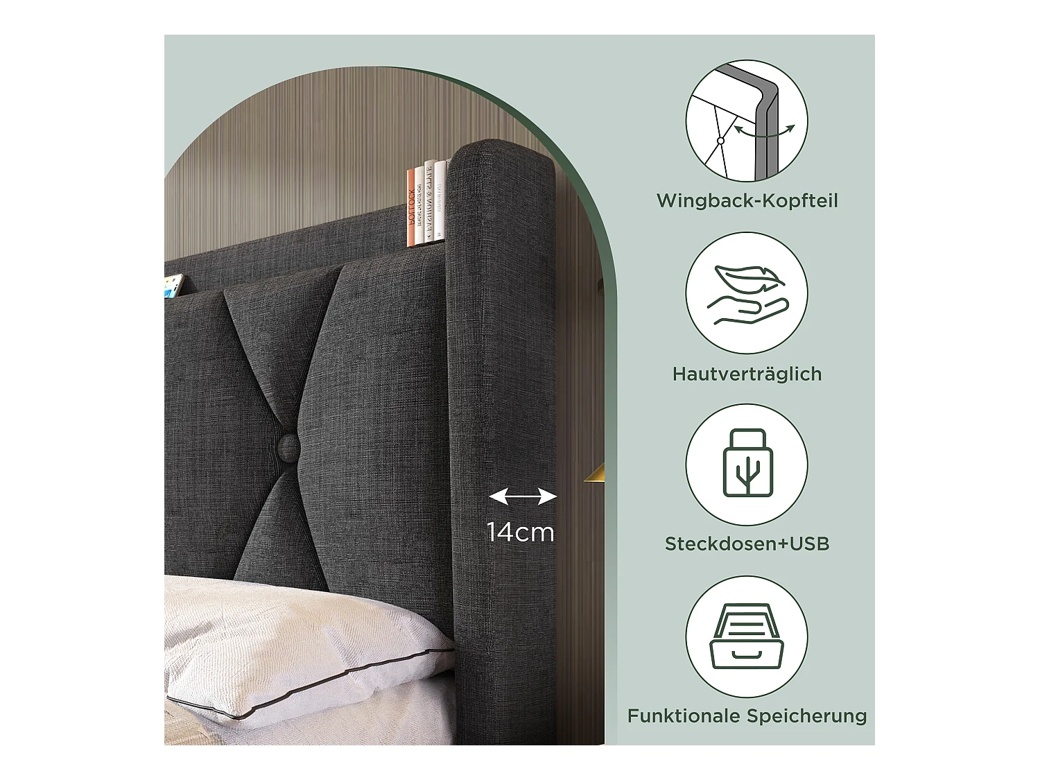 Lit double avec 4 tiroirs et chargeur USB intégré, lin gris, cadre avec sommier bois (149x217x116cm)