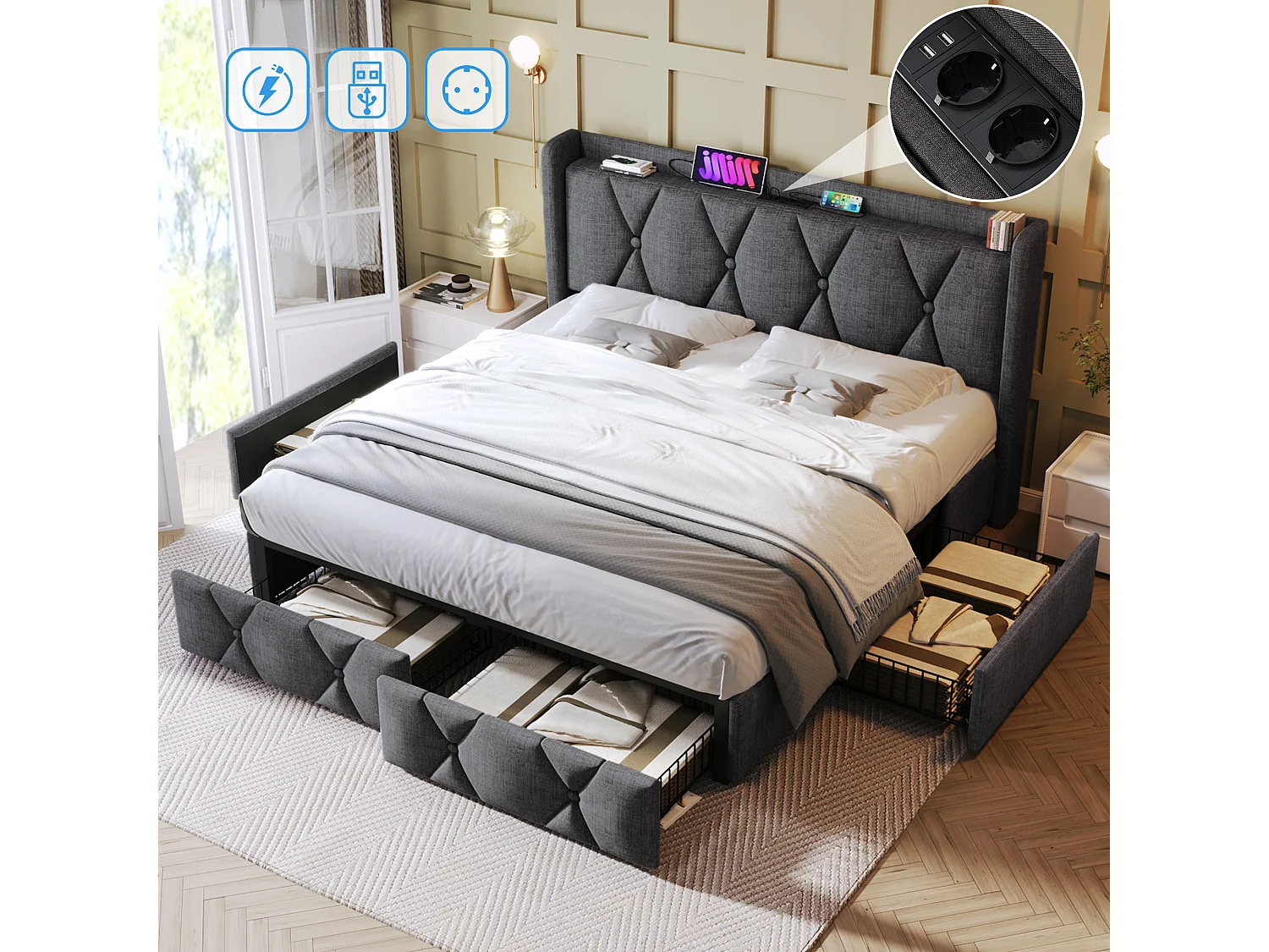 Lit double avec 4 tiroirs et chargeur USB intégré, lin gris, cadre avec sommier bois (149x217x116cm)