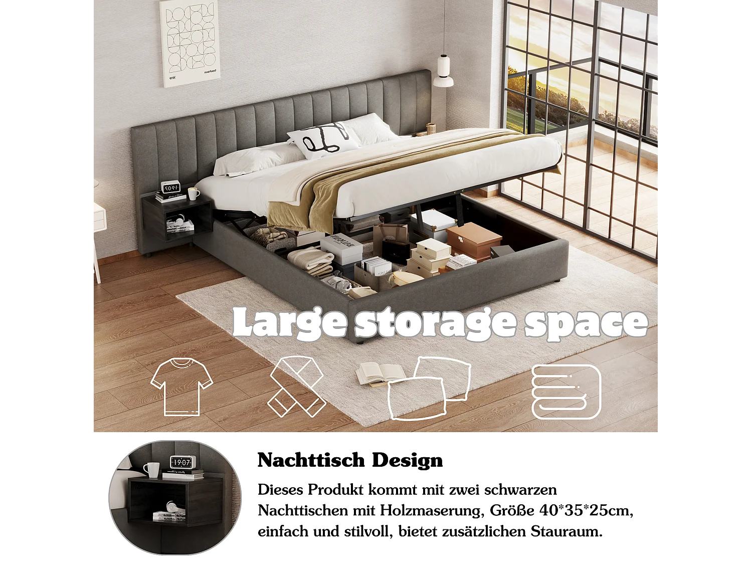 Lit rembourré hydraulique large avec 2 tables de chevet, rangement intégré, lin, gris et noir (180x200x? cm)