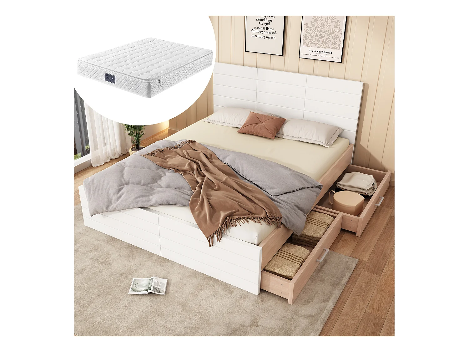 Lit double 140x200 cm, cadre en bois avec 2 tiroirs, design moderne, chêne/blanc (207x80x145 cm)