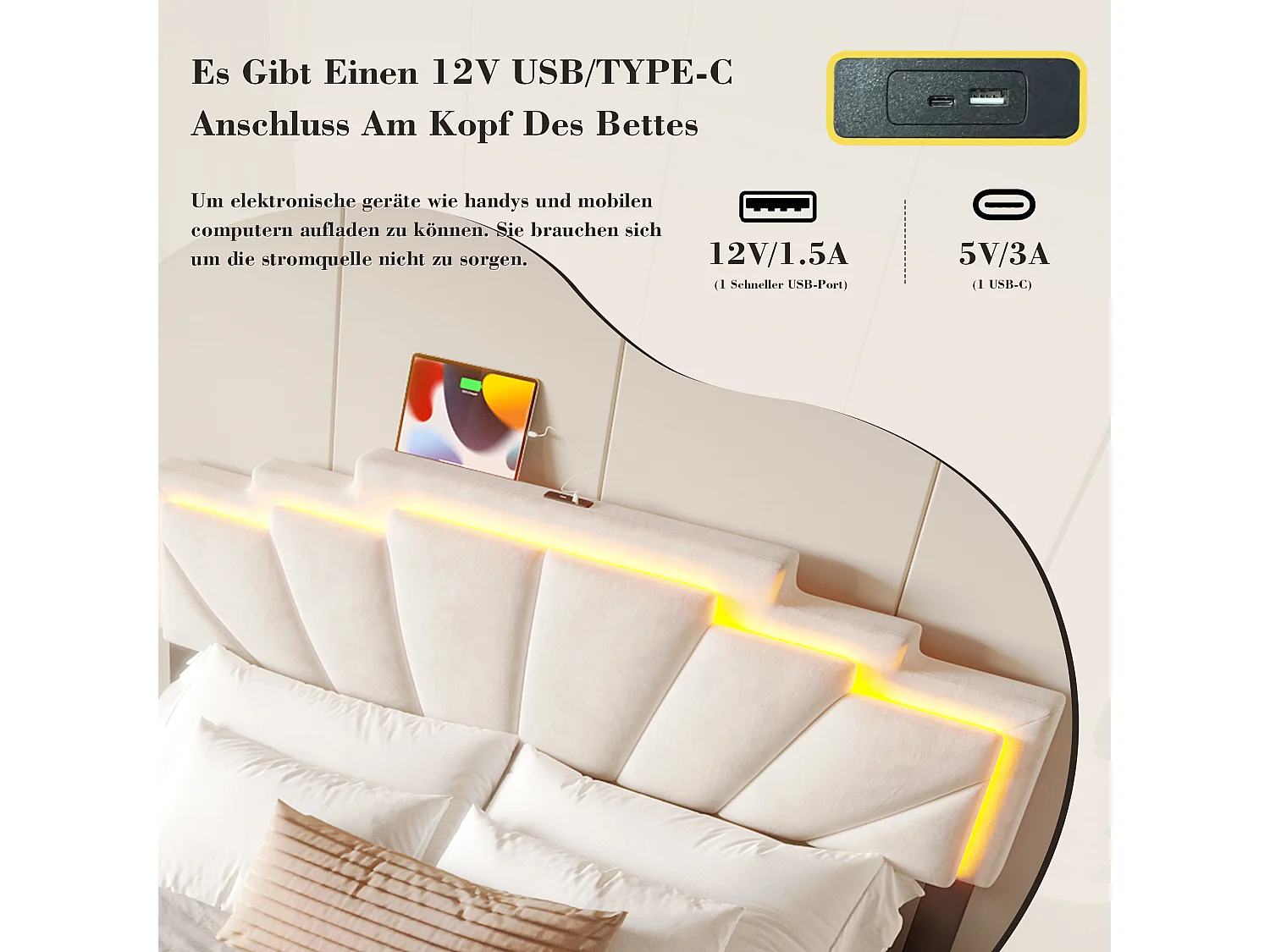 Lit moderne 160x200 cm avec tête de lit géométrique, éclairage LED intégré, ports USB Type-C, 2 tiroirs de rangement, gris (168.5x200x106 cm)