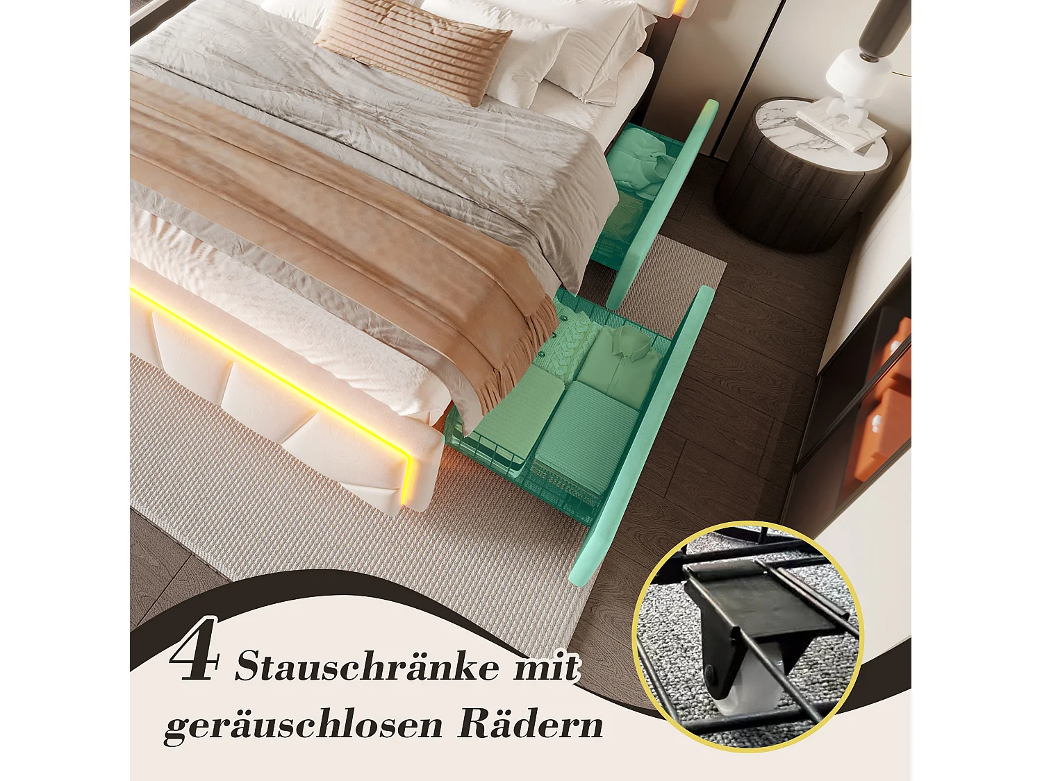 Lit moderne 160x200 cm avec tête de lit géométrique, éclairage LED intégré, ports USB Type-C, 2 tiroirs de rangement, gris (168.5x200x106 cm)