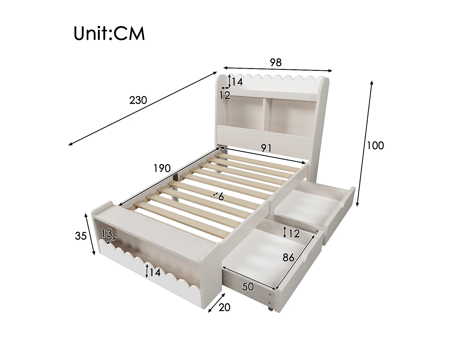Lit pour enfant 90x190 cm avec rangement, étagères et banc, cadre en bois avec sommier, blanc et chêne clair (230x98x100 cm)