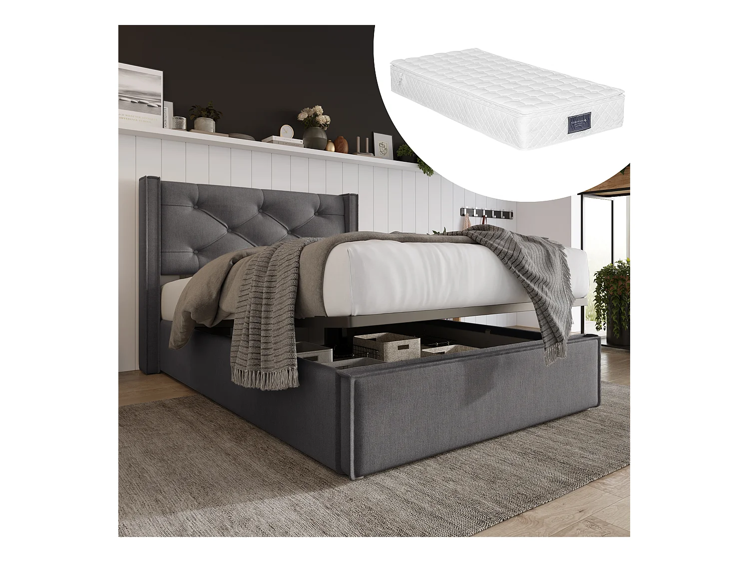 Hydraulisch bed 90x200 cm, Verstelbaar hoofdeinde, Opbergruimte, Inclusief matras, Fluweel, Grijs (203x101x110 cm)