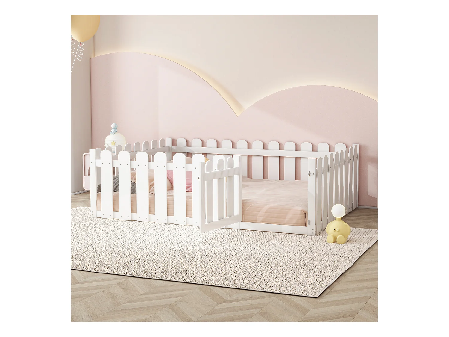 Cama infantil 140x200, estructura de madera con cenefa y puerta, color blanco (205,5x146,8x60,2 cm)