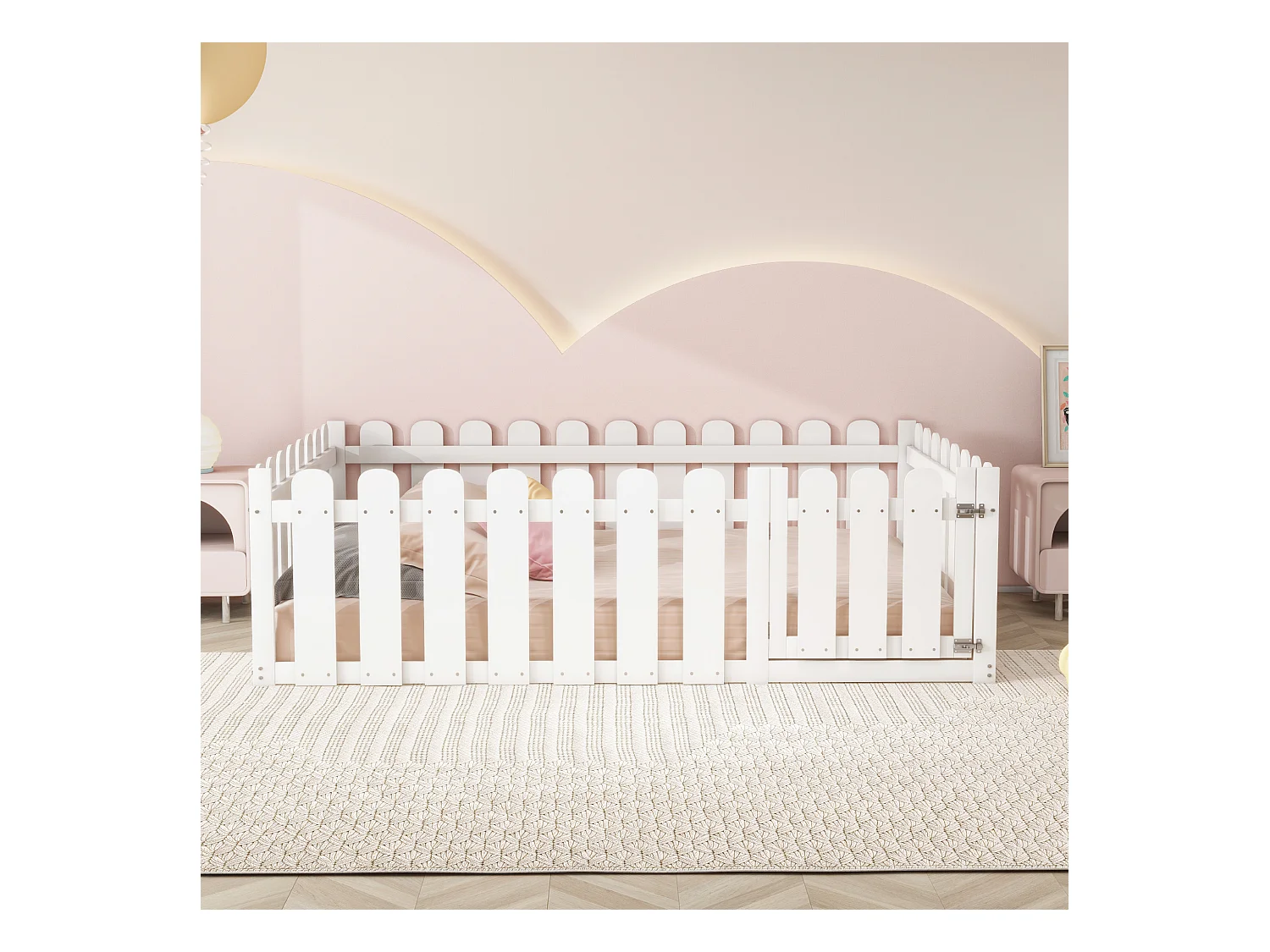 Cama infantil 140x200, estructura de madera con cenefa y puerta, color blanco (205,5x146,8x60,2 cm)